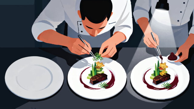 a fine dining chef creating an elaborate plate, chef hunched in intense concentration over a large white flat-style round plate applying final micro green garnish with precision tweezers