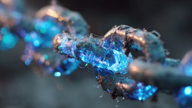 Broken chain unleashing sparks and fierce energy concept. Close-up of a glowing chain with vibrant blue lights.