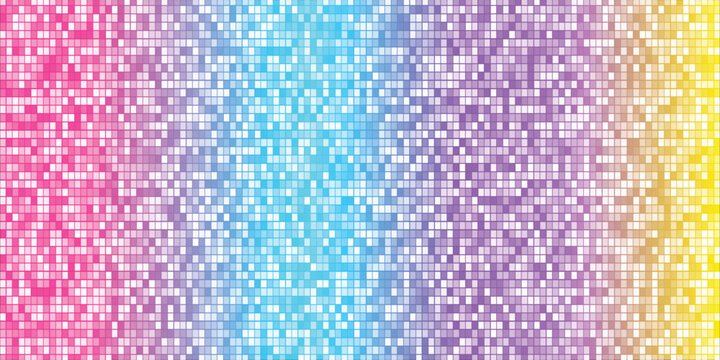 Shining neon disco party pattern background. Iridescent sequin mosaic texture. Sparkling neon halftone wallpaper. Pop up comic glowing glitter backdrop. 70s or 80s Geometric vector design