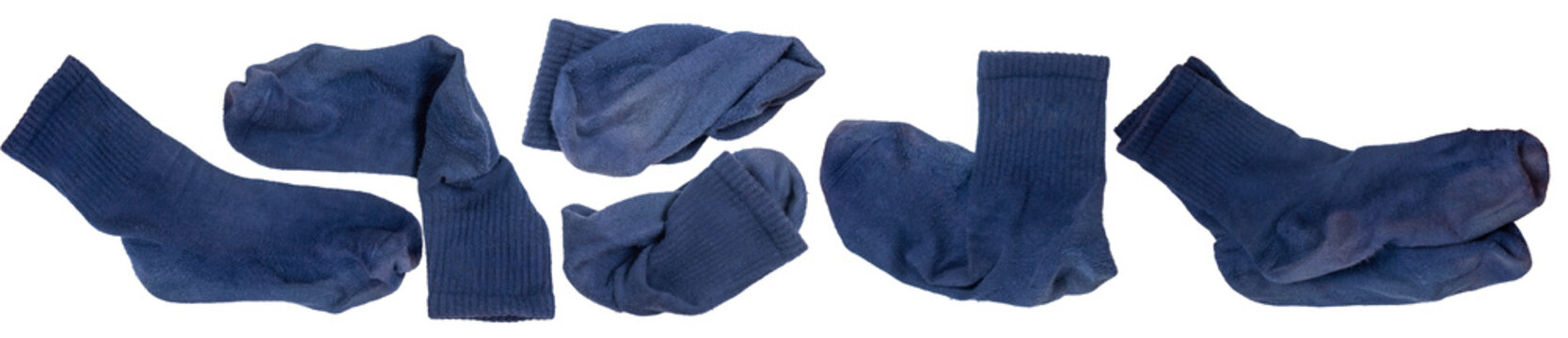 Isolated set of blue worn socks on a white background