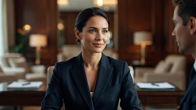 Confident businesswoman listening attentively during a corporate meeting in a luxurious office for professional communication concept and executive discussion