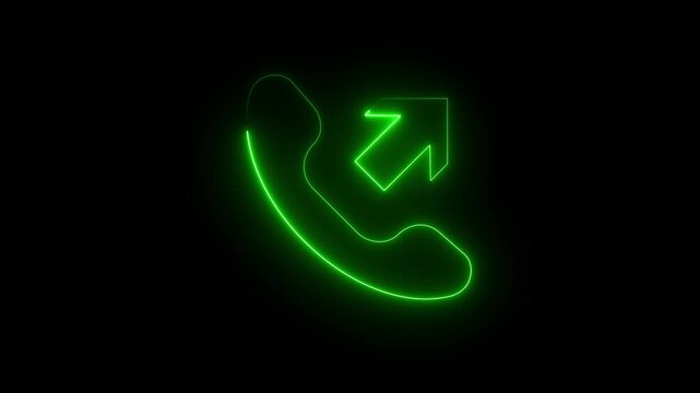 Neon outgoing call icon glowing green phone receiver with arrow symbol on dark background.