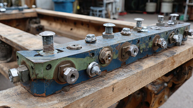 Tow truck carrying broken car at sunset highway concept. Close-up of a vintage machine part with nuts and bolts.