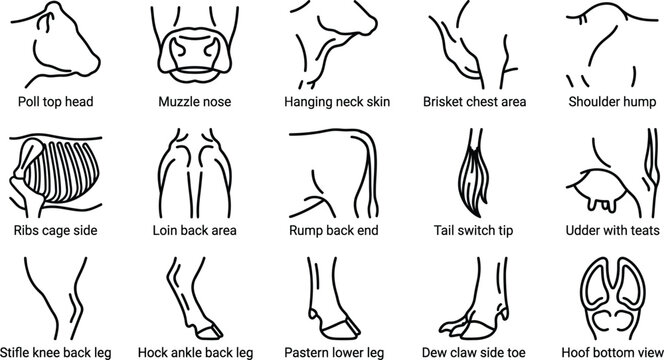 Cattle Body Parts Line Icons &ndash; Livestock Anatomy Diagram, Cow External Features Vector Set