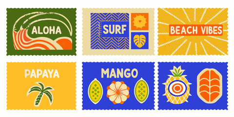 Collection of retro travel stamp icons with tropical themes © Hemlata