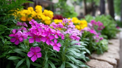 Fototapeta premium Vibrant Pink Flowers Blooming Amidst Colorful Garden Landscaping in a Serene Outdoor Environment in Full Spring Display
