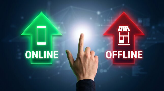 Choosing between online and offline business models with a finger pointing towards the choice