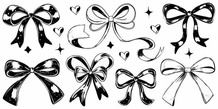 Hand drawn bow set black ink illustration on white background
