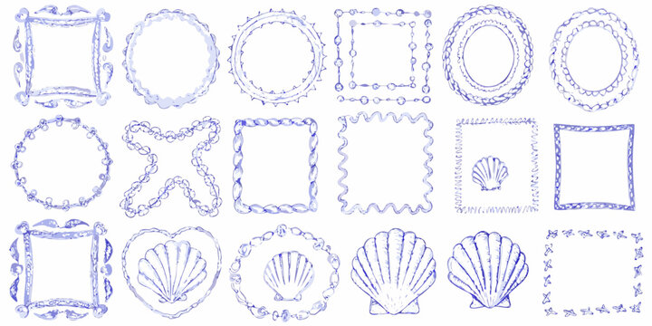 Nautical sketch collection with shells ropes and frames in blue monochrome