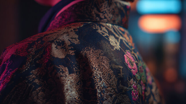Samurai ronin on hill with city moon view concept. Close-up of intricate embroidery on traditional clothing.