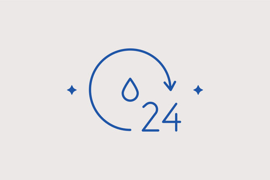 24-hour hydration cycle line icon for long-lasting moisturizing products. Effective vector illustration for commercial skincare packaging and daily care advertisements.