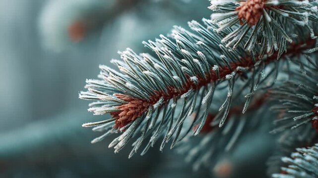Frosted pine branch winter snow covered evergreen needles closeup