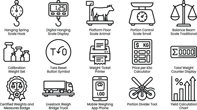 Livestock Weighing Scale Line Icons &ndash; Animal Weight Measurement, Pricing, Qurbani Market Tools Vector Set