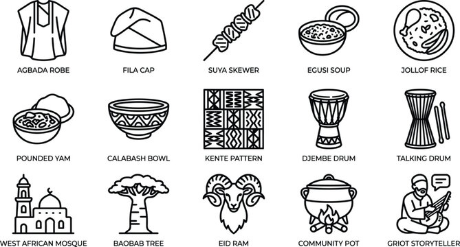 West African Culture and Cuisine Line Icons &ndash; Traditional Food, Eid Ram, Islamic Heritage Vector Set