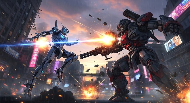 Robots fighting in a cityscape background.