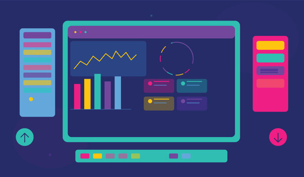 Colorful infographic on a computer screen with graphs and charts on a blue background