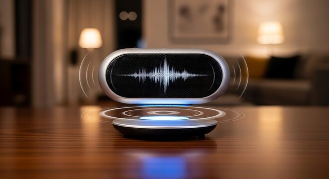 Smart Speaker on Wooden Table Indoors.