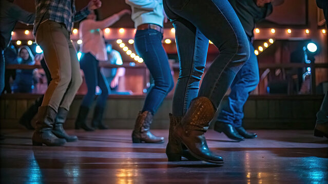Line dancing in boots and jeans on wooden floor concept. Cowboy boots in a lively line dance at a country bar.