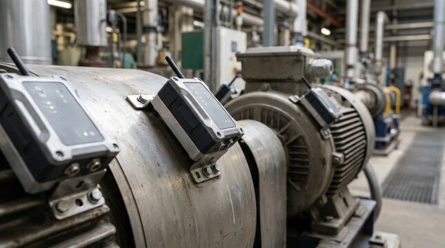 Medium shot of multiple vibration and temperature sensor arrays mounted on industrial equipment highlighting wireless connectivity for realtime condition monitoring.