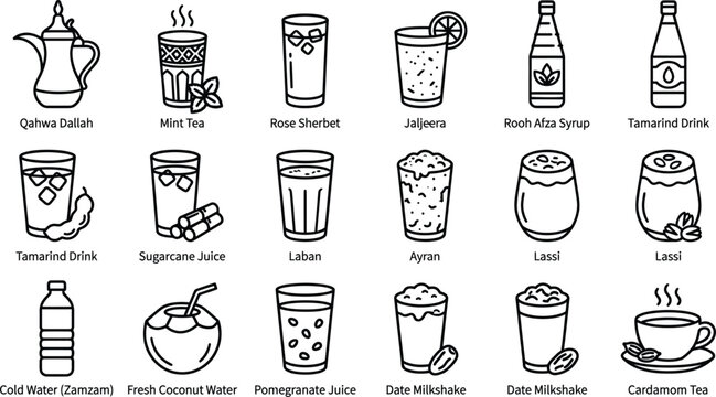 Eid Drinks and Ramadan Beverages Line Icons &ndash; Traditional Islamic Drinks, Iftar Refreshments Vector Set