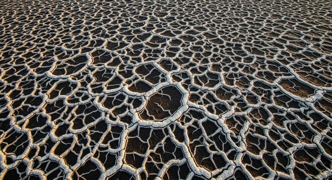 Stunning abstract pattern of parched desert earth with dried white salt formations and intricate