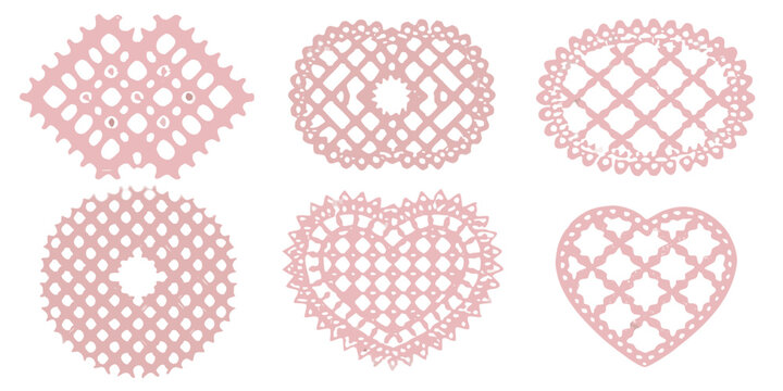 Set of six pink lace heart doilies vector illustration on black