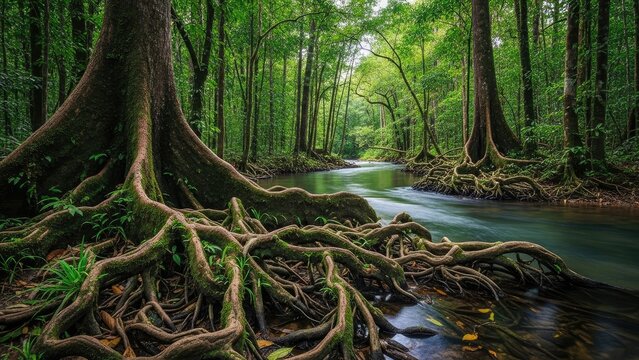 Lush Rainforest Stream with Massive Buttress Roots and Emerald Green Foliage