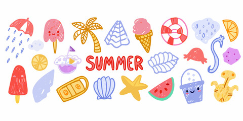 Fototapeta premium Summer themed doodle illustrations with beach and fruit elements