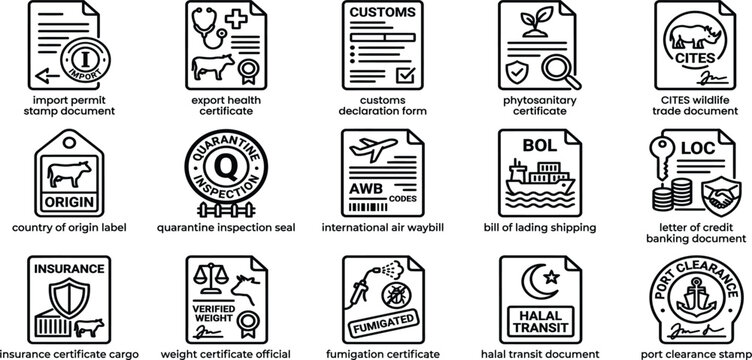 Livestock Trade Documents Line Icons &ndash; Import Export Certificates, Shipping, Customs, Halal Compliance Vector Set