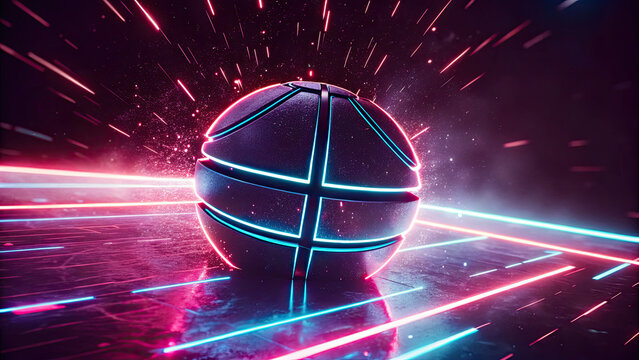 Disco ball with flashing neon light music party concept. Dynamic neon basketball in motion, illuminating the dark space.