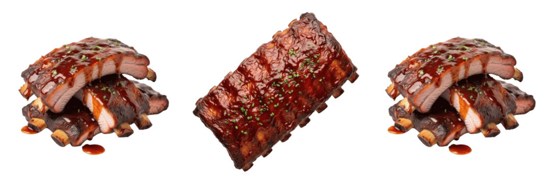 Grilled BBQ Pork Ribs Smoked Meat with Sauce Isolated PNG Transparent Background for Steakhouse Menu and Food Photograph