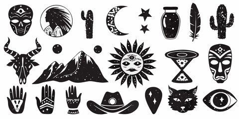 western mysticism symbols and shapes black silhouettes on white background © NaderAli