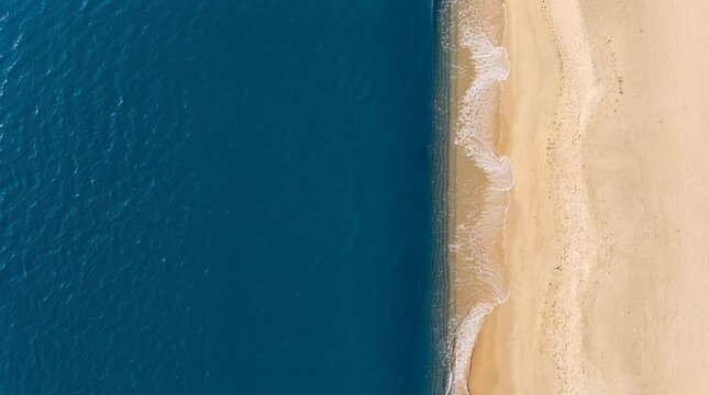 Top down aerial view of deep blue ocean waves crashing on golden sand beach
