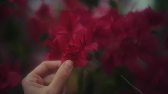 Woman With Flowers. Woman In Garden Delicately Smelling Vibrant Red Flowers With Soft Aesthetic