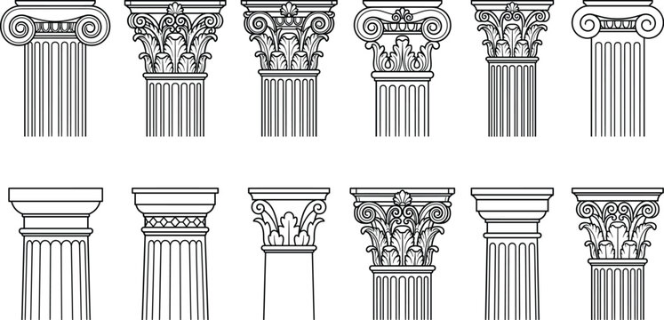 Classical column capitals vector set featuring ionic corinthian and doric architectural elements line icons for historical design and decoration