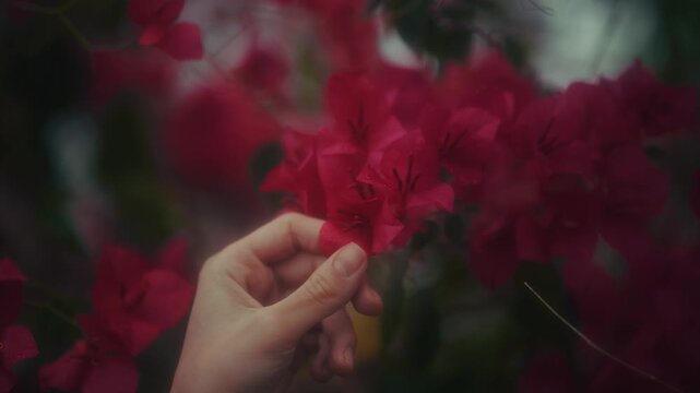 Woman With Flowers. Woman In Garden Delicately Smelling Vibrant Red Flowers With Soft Aesthetic