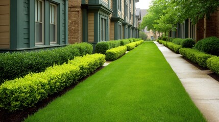 Obraz premium Lush Green Lawn and Neat Pathway Surrounded by Shrubs in a Residential Neighborhood with Modern Buildings and Sunshine Filling the Atmosphere