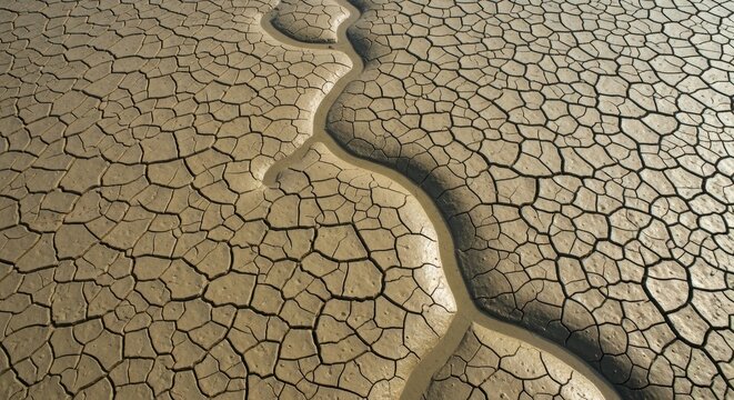 Dry Cracked Earth with Winding Mud Channel Texture Background Representing Drought and Climate