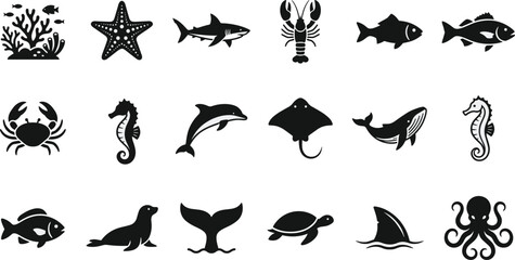 Marine animals silhouette vector icons set featuring fish shark whale dolphin crab octopus and sea creatures for ocean design © Natasa.White