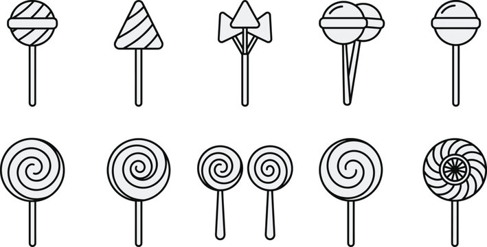 Lollipop candy line icons set featuring sweet treats spiral round and shaped lollipops minimal outline vector illustration