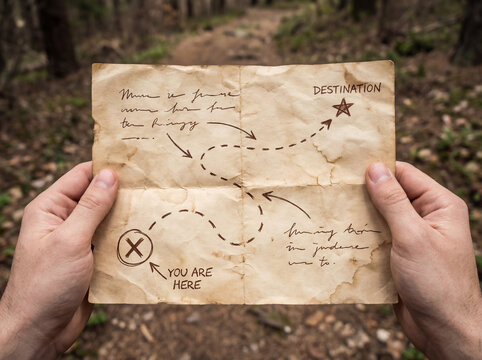 POV handwritten map crinkled paper you are here marked route drawn adventure travel exploration nostalgic vintage