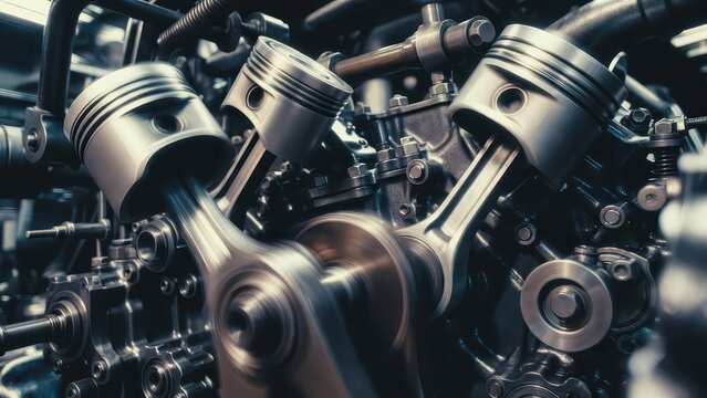 Detailed close-up of a V8 engine's pistons and crankshaft in motion, showcasing mechanical precision.