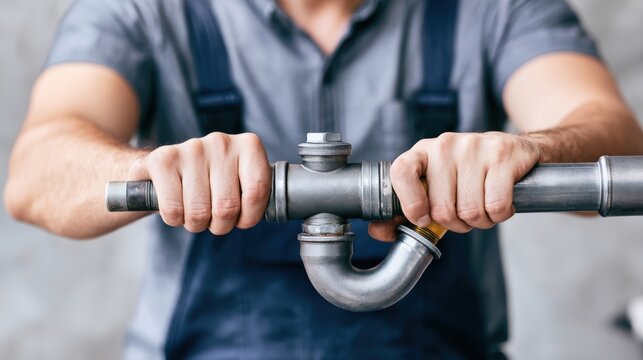Plumber in gray work shirt grips a metal pipe fitting with both hands, showcasing tools and plumbing components in a workshop environment with a blurred background