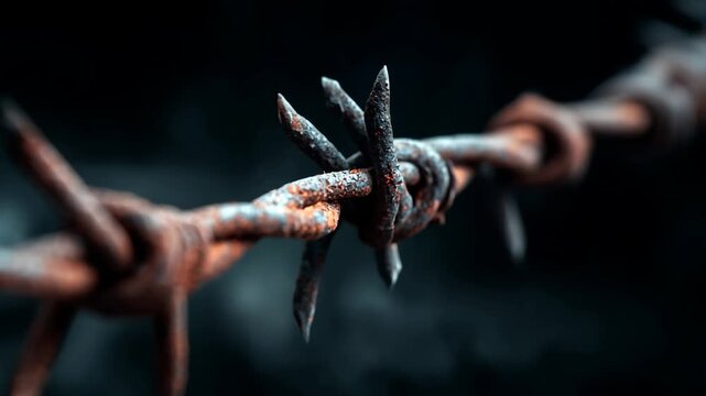 Rusty barbed wire macro sharp metal fence detail