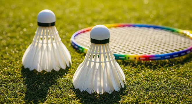 Close-up of white badminton shuttlecocks and a colorful racket on green grass, symbolizing sport, outdoor activity, and recreation, perfect for active lifestyle or leisure themes