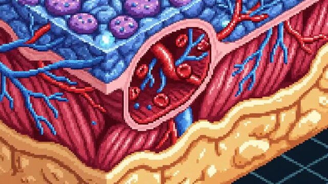Isometric pixel skin cross-section with blood vessels