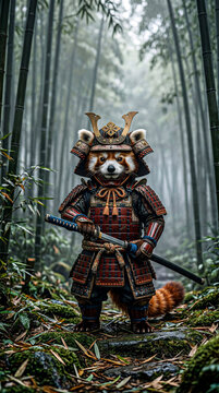 Red Panda Samurai Warrior in Bamboo Forest