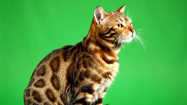 Bengal Cat Portrait Sitting Gracefully Against a Vibrant Green Background with a Curious Expression