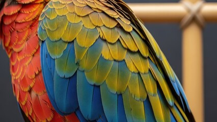 Obraz premium Vibrant close-up of a macaw's multicolored feathers against a blurred background