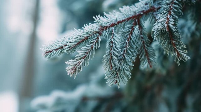 Frost covered fir branch winter snow icy evergreen needles close up